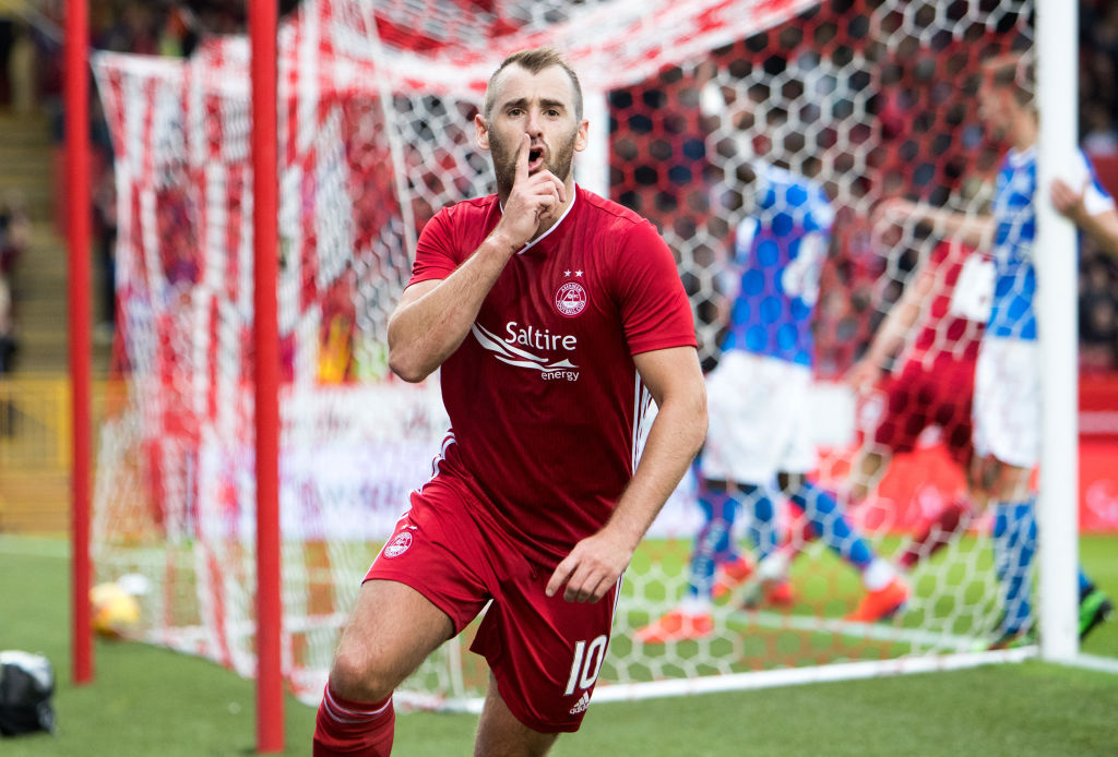 ABERDEEN, SCOTLAND - JULY 11: Niall McGinn of Aberdeen celebrates his sides opening goal during UEFA Europa League First qualifying round match between Aberdeen and RoPS at Pittodrie Stadium on July 11, 2019 in Aberdeen, Scotland.