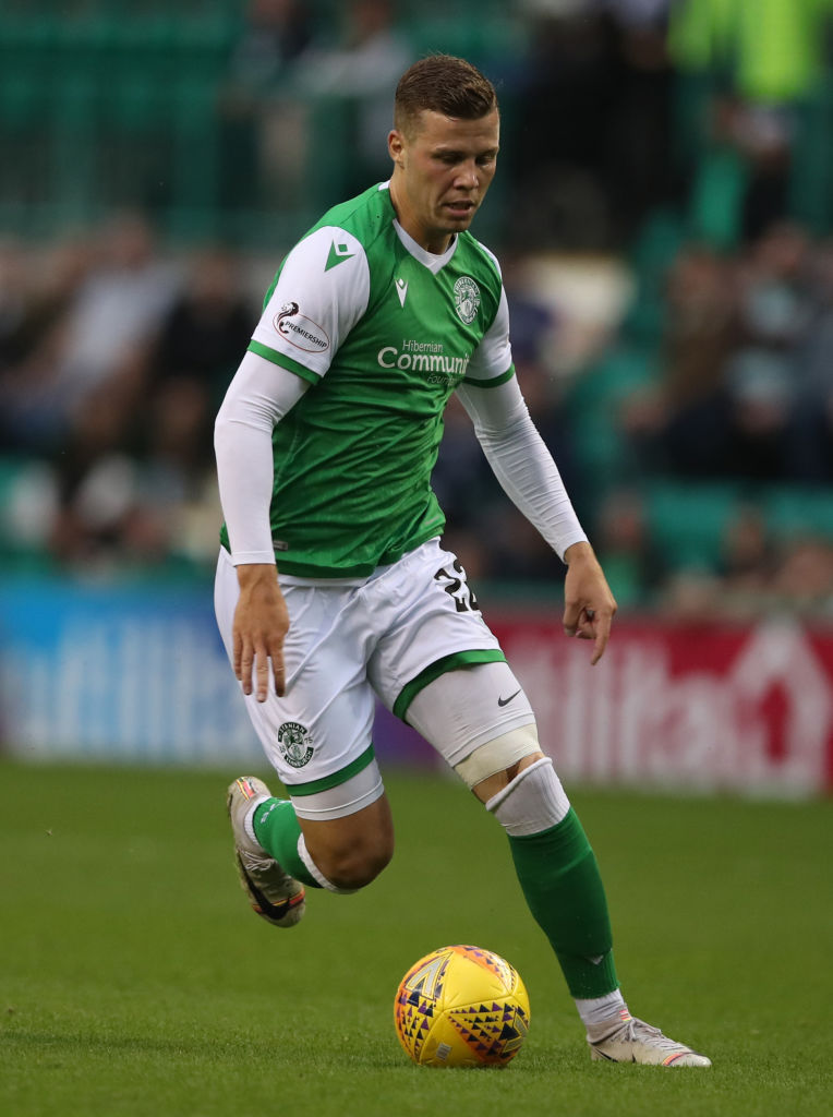 EDINBURGH, SCOTLAND - JULY 30: Florian Kamberi of Hibs is seen in action during the Pre-Season Friendly match between Hibernian and Newcastle United at Easter Road on July 30, 2019 in Edinburgh, Scotland.