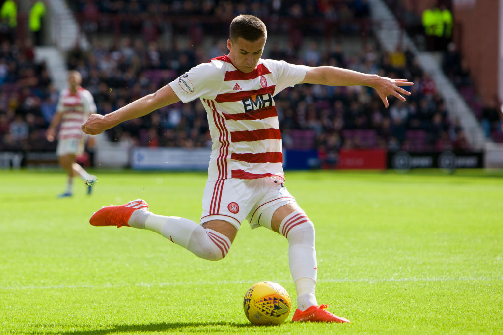Aaron McGowan of Hamilton has a shot at goal during the Scottish Premier League match between Hearts and Hamilton at Tynecastle park on 31 August, 2019 in Edinburgh, Scotland.