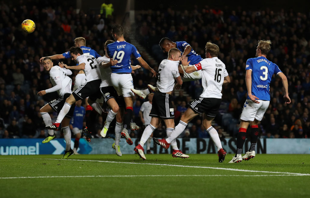 GLASGOW, SCOTLAND - SEPTEMBER 26: Nikola Katic of Rangers scores the opening goal during the Betfred Scottish League Cup Quarter Final match between Rangers and Ayr United on September 26, 2018 in Glasgow, Scotland.