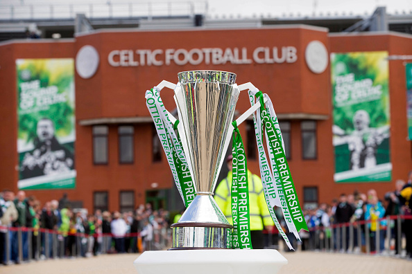 GLASGOW, SCOTLAND - MAY 24: The Premiership trophy on display in front of the stadium ahead of the Scottish Premiership match between Celtic and Inverness Caley Thistle at Celtic Park on May 24, 2015 in Glasgow, Scotland.
