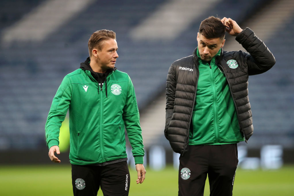 GLASGOW, SCOTLAND - NOVEMBER 02: Scott Allan and Darren McGregor of Hibernian FC inspect the pitch prior to the Betfred Cup Semi-Final match between Hibernan and Celtic at Hampden Park on November 02, 2019 in Glasgow, Scotland.