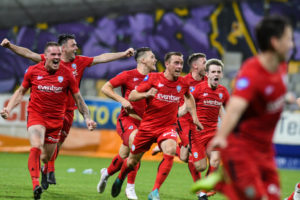 Players of Coleraine FC celebrate during the UEFA Europa