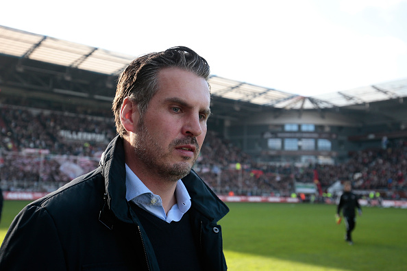 HAMBURG, GERMANY - NOVEMBER 08: Head coach Thomas Meggle of Hamburg looks on prior to the Second Bundesliga match between FC St. Pauli and 1. FC Heidenheim at Millerntor Stadium on November 8, 2014 in Hamburg, Germany. Dunfermline