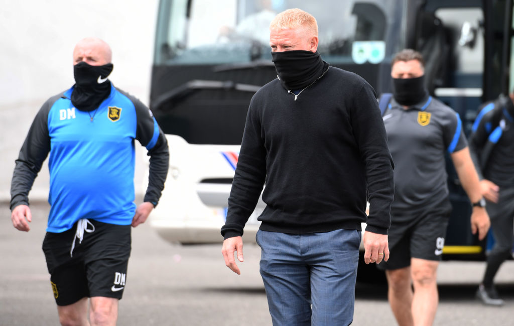 PAISLEY, SCOTLAND - AUGUST 01: Livingston manager Gary Holt and assistant David Martindale arrive ahead of the Scottish Premiership match between S...