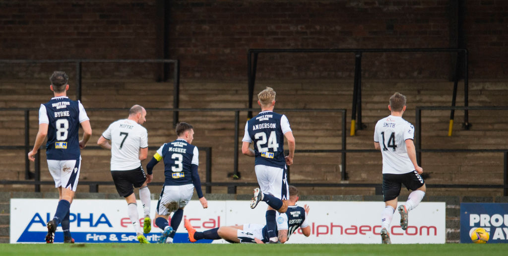 Michael Moffat scores his 100th Ayr United goal