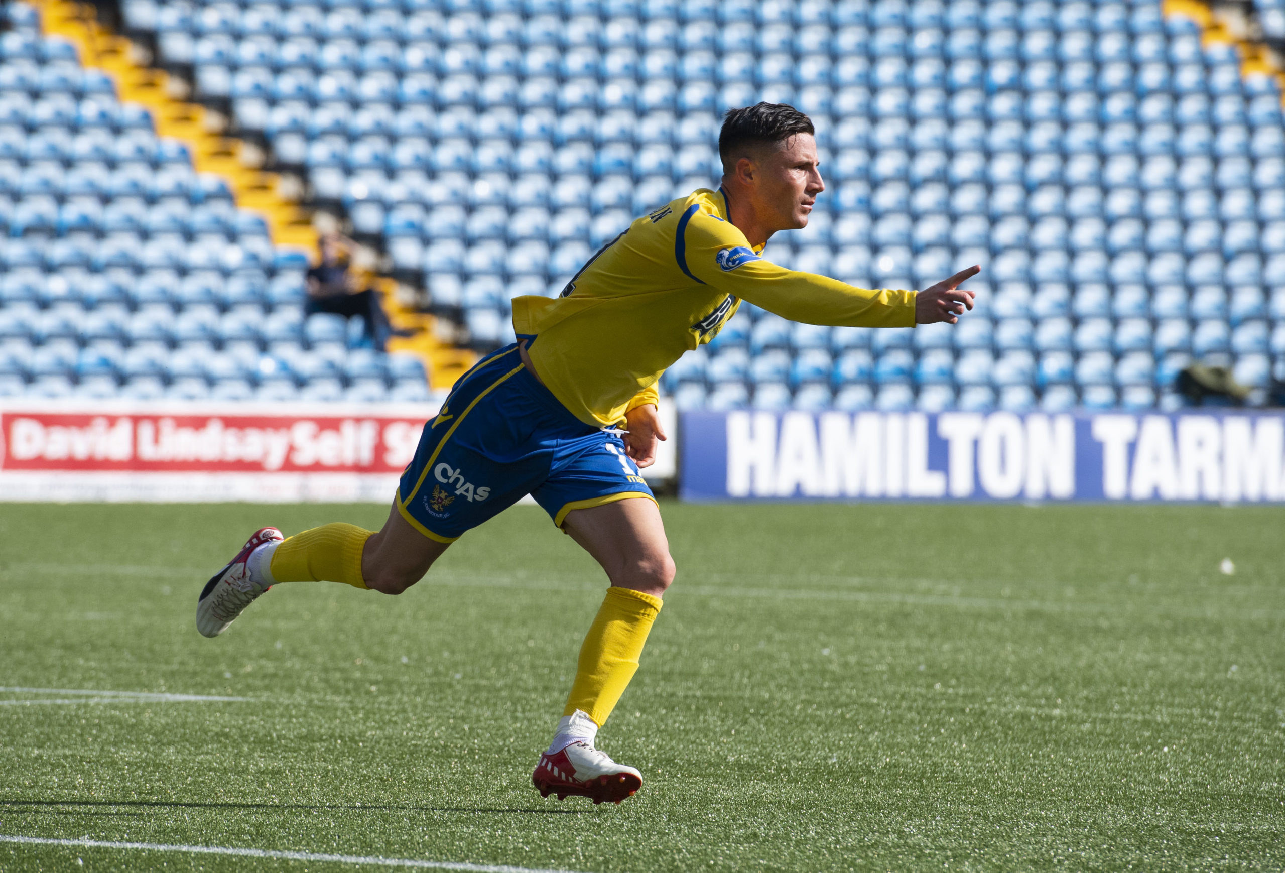 KILMARNOCK, SCOTLAND - AUGUST 15: St Johnstone's Michael O'Halloran celebrates making it 2-1 during a Scottish Premiership match between Kilmarnock...