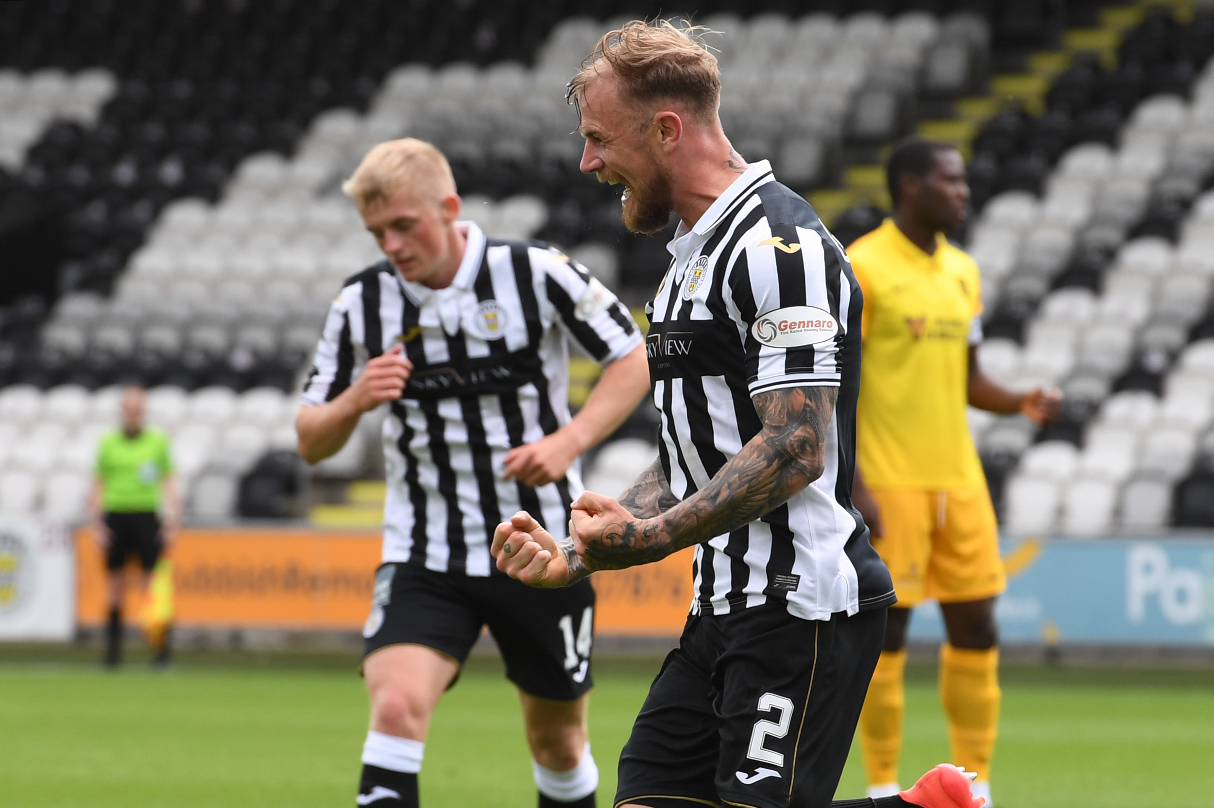 PAISLEY, SCOTLAND - AUGUST 01: St Mirren's Richart Tait celebrates his opening goal of the game during the Scottish Premiership match between St Mi...