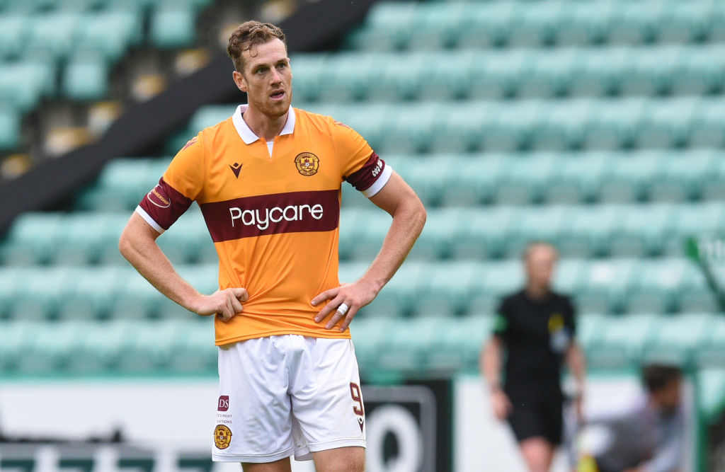 EDINBURGH, SCOTLAND - AUGUST 15:  Motherwell's Jordan White looks frustrated after his goal is disallowed during the Scottish Premiership match bet...