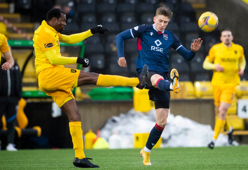 right0 competes with Efe Ambrose during a Scottish Premiership match between Livingston and Ross County at The Tony Macaroni Arena, on January 10, 2021, in Livingston, Scotland (Photo by Paul Devlin/SNS Group via Getty Images
