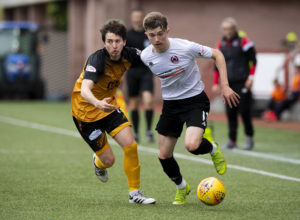 18/05/19 LADBROKES LEAGUE ONE PLAY-OFF FINAL 2ND LEG .CLYDE v ANNAN ATHLETIC .BROADWOOD STADIUM - CUMBERNAULD .Clyde's Scott Banks drives away from Annan Athletic's Christopher Johnston (L).