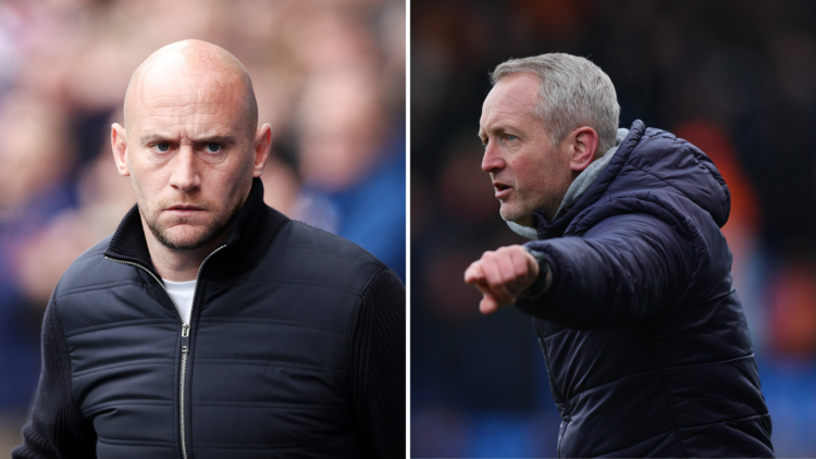 Split of Neil Critchley (L) (Hearts boss) and David Gray (R) (Hibs)