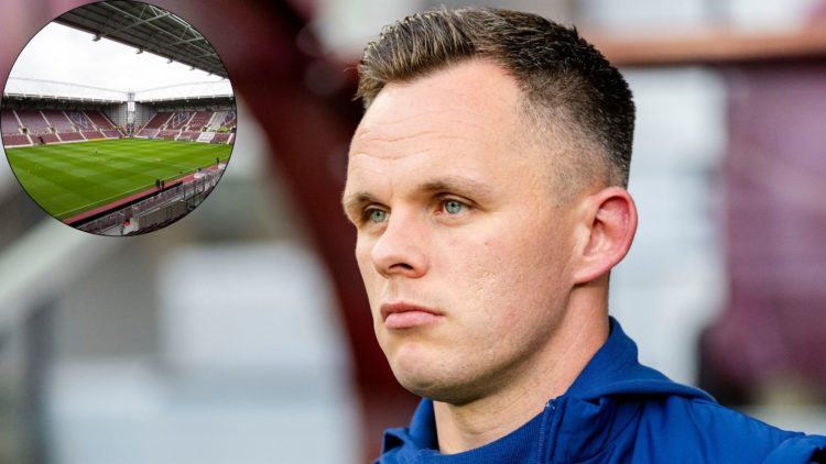 Inset image of Hearts' Lawrence Shankland before a game against Viktoria Plzen (R) and a general view of Hearts' Tynecastle Park (L)