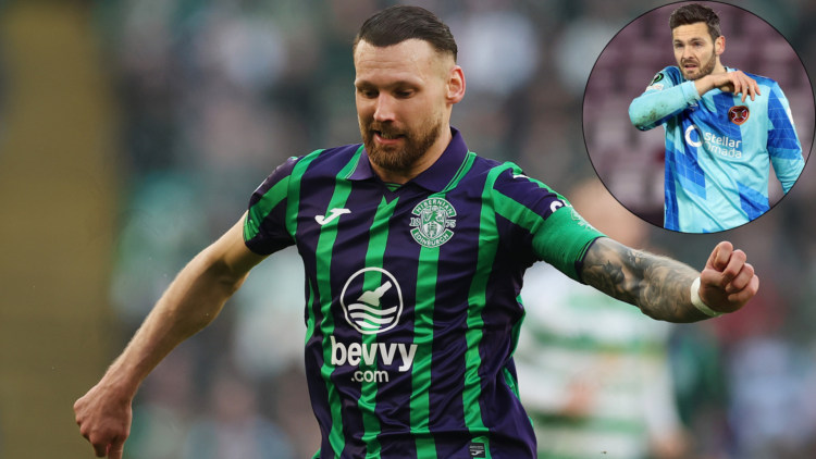 Inset image of Martin Boyle of Hibs (L) and Craig Gordon of Hearts (R) who are both out of contract in the summer.