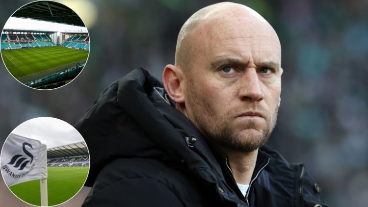 Three way inset image of Hibs boss David Gray before facing Celtic and insets of Easter Road and Swansea City's Swansea.com Stadium.
