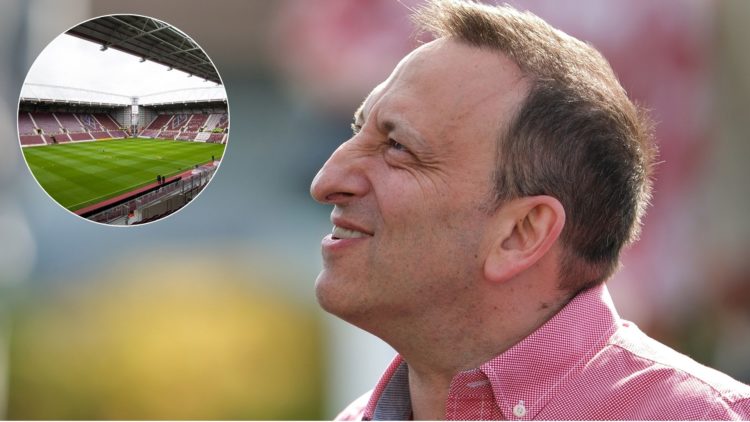 Inset image of (R) Brighton owner Tony Bloom at Brighton races and (L) Tynecastle Stadium before Hearts vs Hamilton.